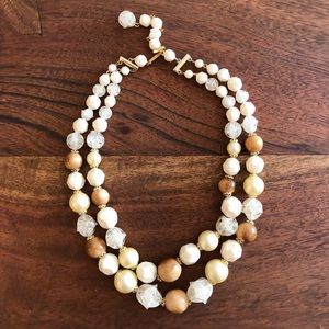 Vintage cream & brown wood beaded strand necklace